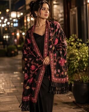 Kashmir Wool Shawl Wrap Throw Black, Multicolor Embroidery